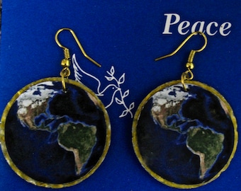 Planet Earth Recycled bottle cap earrings, Love Planet Earth earrings, Earth Day earrings
