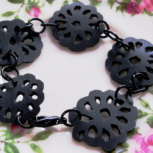 Recycled bike inner tube bracelet, Black Lacey Upcycled bike tire bracelet, Eco friendly bicycle inner tube flower bracelet
