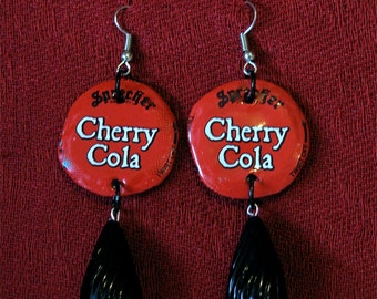 Recycled bottle cap earrings,Red and black bottle cap earrings,Upcycled Cherry Cola earrings