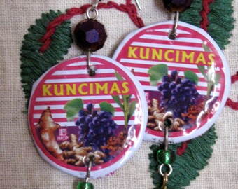 Recycled bottle cap earrings with glass beads