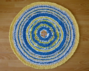 Recycled Rug Sun and Sky, Blue,White & Yellow,Crocheted Upcycled Plastic Bags,Zero Waste, Eco friendly