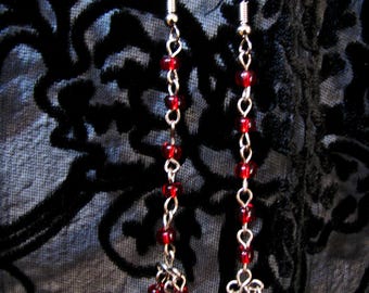Vintage style, elegant or casual, long dangle, beaded  earrings, silver tone links hand made