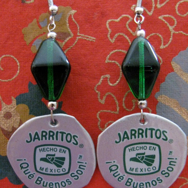 Spanish Recycled bottle cap green earrings Que Bueno!,Upcycled bottle cap earrings,Spanish recycled earrings