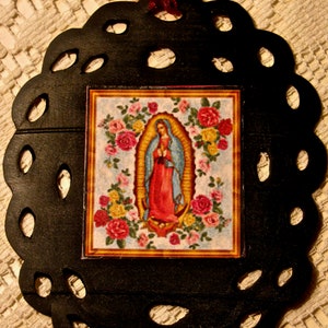 Christmas ornament Lady of Guadalupe, Recycled bike tire Xmas ornament, Upcycled Christmas ornament