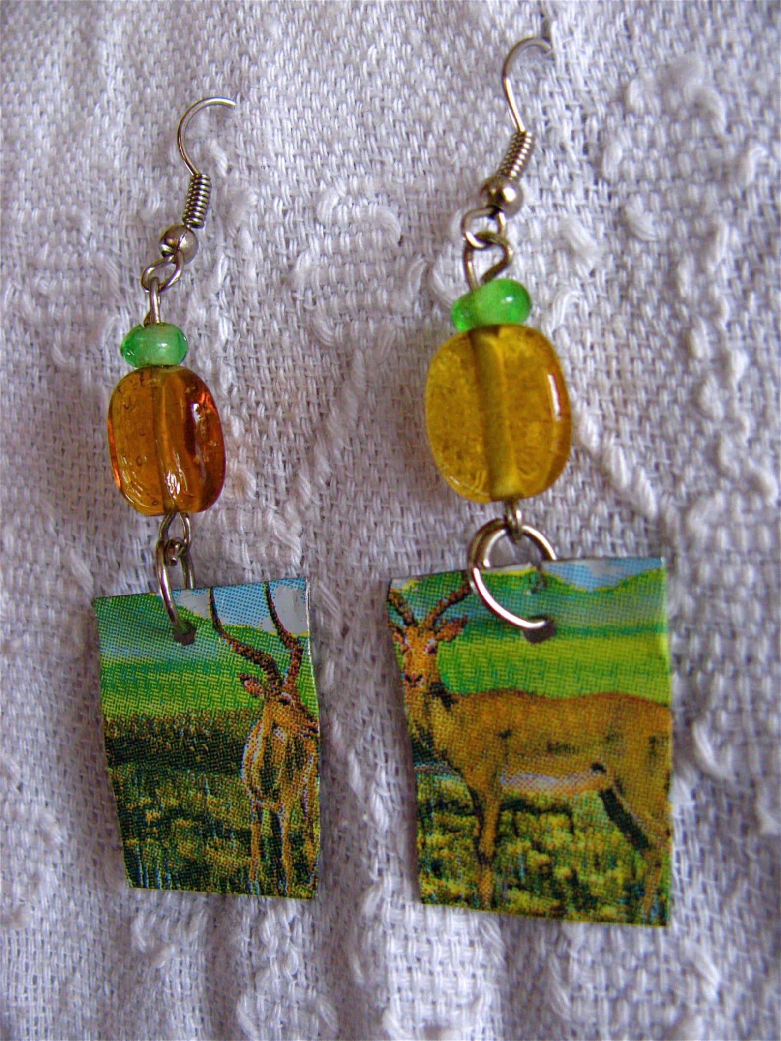 Recycled Tin Can Earrings, Upcycled Tin Earrings With Glass Beads, Eco
