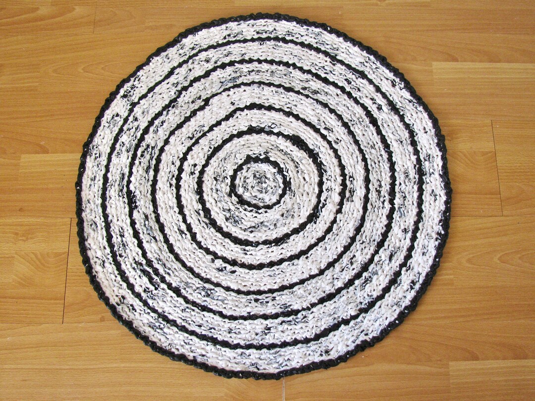 Recycled Plastic Rug, Designer Black and White Rug, Upcycled Eco