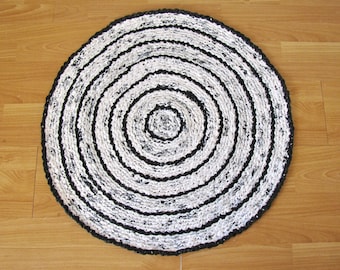 Recycled plastic rug, Designer black and white rug, Upcycled Eco friendly crocheted plastic rug, No waste eco accent designer rug