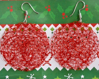 Festive hand crocheted wire earrings, Christmas red crocheted earrings, Crocheted wire red earrings