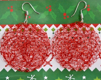 Festive hand crocheted wire earrings, Christmas red crocheted earrings, Crocheted wire red earrings