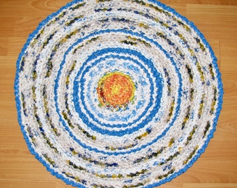 Recycled crocheted plastic designer rug, Sun and Sky Upcycled accent rug, Designer Eco friendly circular rug