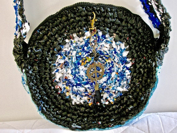 Recycled plastic shoulder bag, Peace on Earth hand crocheted,Eco Friendly purse with zipper, Zero Waste Peace bag