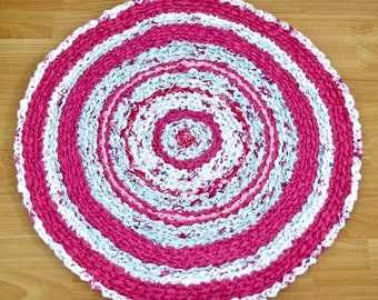 Recycled designer eco friendly crocheted rug, Crocheted upcycled plastic bags, Zero waste recycled pink rug