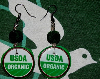 Recycled bottle cap earrings, Organic upcycled earrings, Green bottle cap earrings