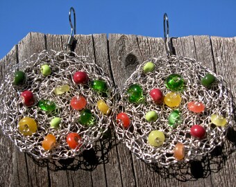 Kaleidoscope multicolor hand crocheted silver wire earrings with glass beads