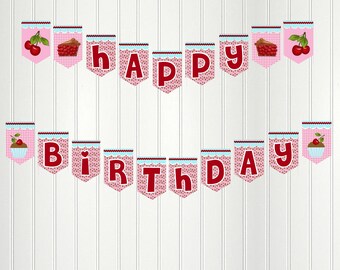 Cherry Banner,Cherry Happy Birthday Banner, Cherry Party, Cherry Birthday, Cherry Bunting,Pink Red Aqua Banner, Cherry Pie