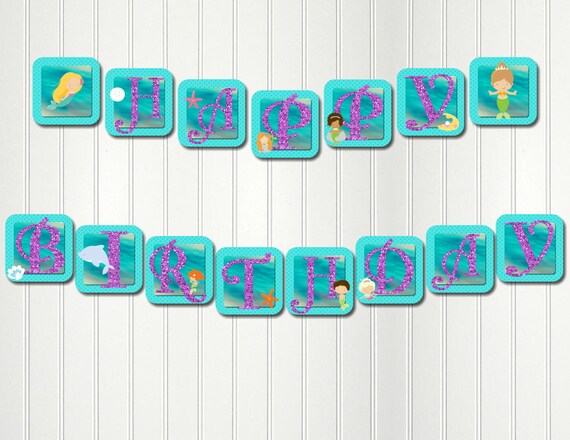 Mermaid Party HAPPY BIRTHDAY Banner Instant Digital Download Il_570xn