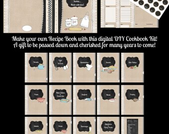 Recipe Book DIY Kit Homemade Cookbook Treasured Gift Digital File Download Chalkboard Pages Recipe Cards