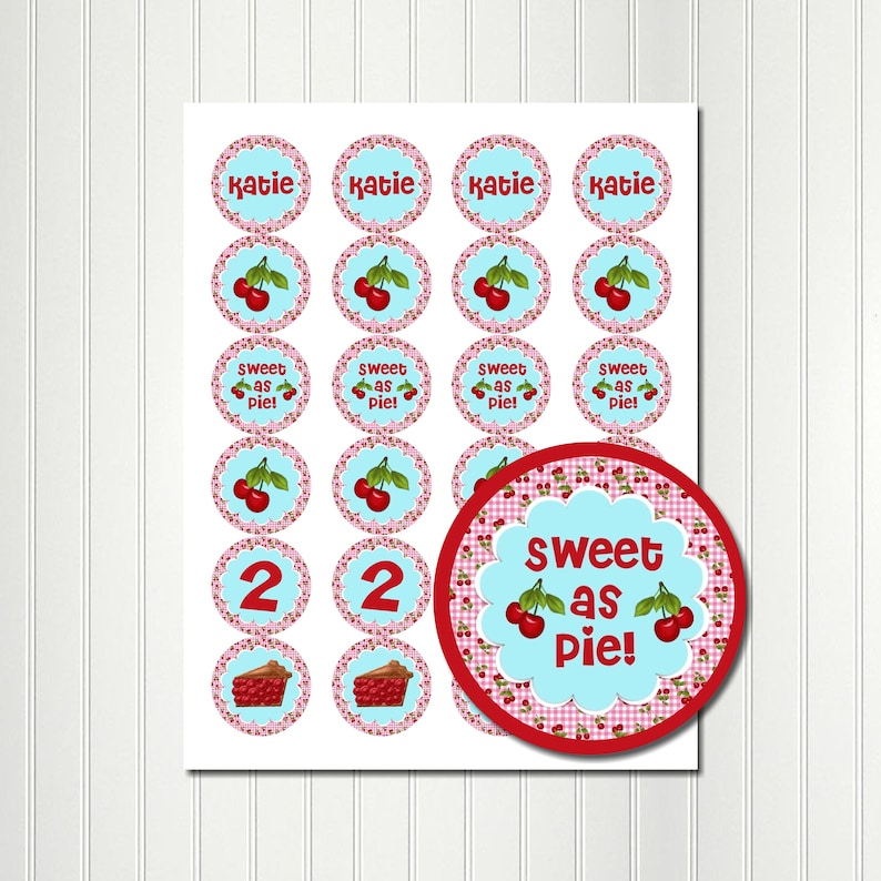 Two Sweet Sticker Sheets Sweet as Pie 1 23 Retro Cherry Circles Cherry Cupcake Toppers Cherry Party Cupcake Toppers Cherry Pie