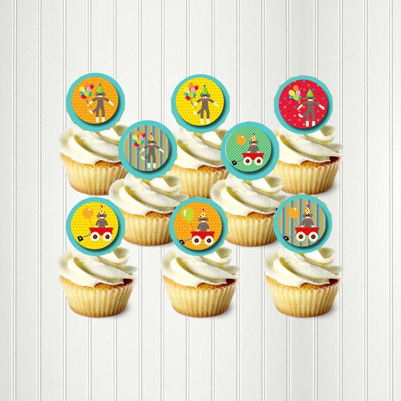 SOCK MONKEY Party, Monkey Cupcake Toppers, Cupcake Toppers, 1 2/3", Circles, Sticker Sheets Il_570xn