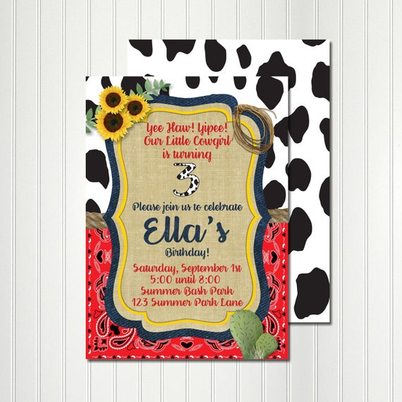 Cowgirl Invitation, Red Bandana, Cow Print, Sunflower, Invitation, Western, Birthday, Engagement, Baby, Shower,Graduation,Cow Girls and Boys Il_570xn