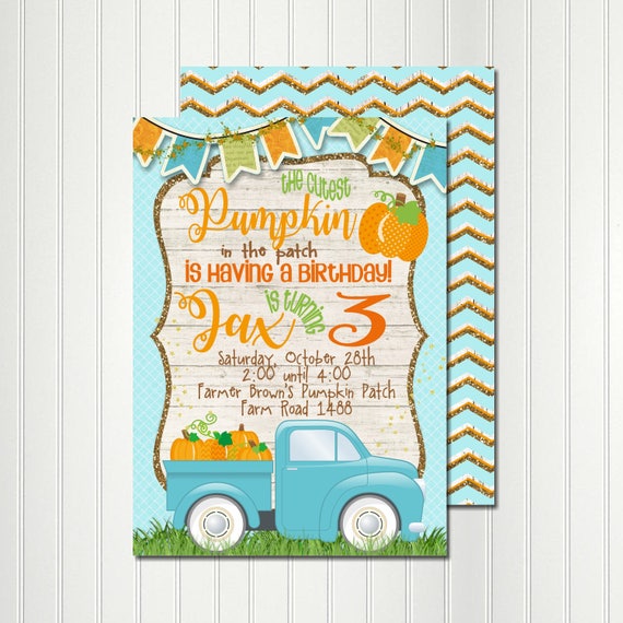 Pumpkin Invitation, Pumpkin Party, Fall Invitation, Little Pumpkin Party, Blue Pumpkin, Invitation, Party, Blue Truck, Pumpkin Birthday Il_570xn