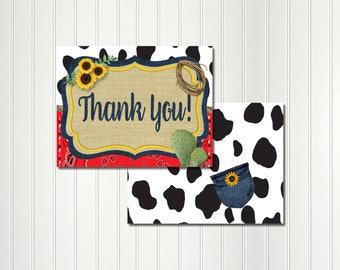 Cowgirl Thank You Note, Western, Country, Cowboy, Sunflower Thank You Card, Western Party, Cowgirl Party, Cow Boys and Girls, Denim, Cow