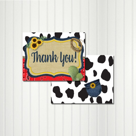 Cowgirl Thank You Note, Western, Country, Cowboy, Sunflower Thank You Card, Western Party, Cowgirl Party, Cow Boys and Girls, Denim, Cow Il_570xn