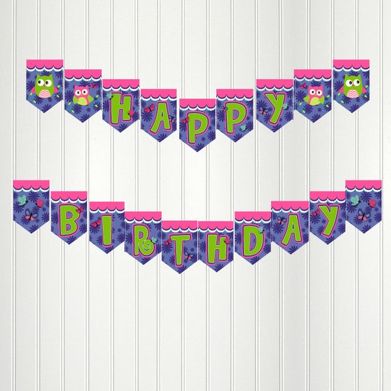 Owl Banner, Owl Happy Birthday Banner, Owl Party, Owl Birthday, Owl Bunting,Pink Purple Owl Banner Il_570xn