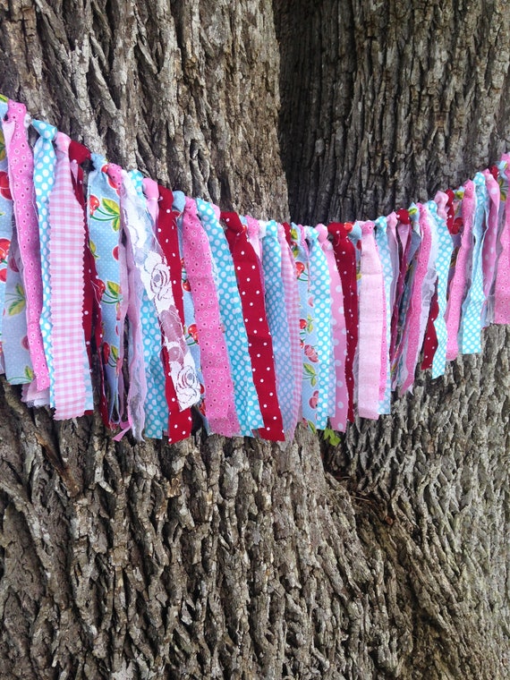 Cherry Garland, Sweet as Pie, Cherry Pie, Red, pink, aqua, Banner, Hi Chair, First Birthday, Photo Backdrop, Banner, Fabric Garland Il_570xn
