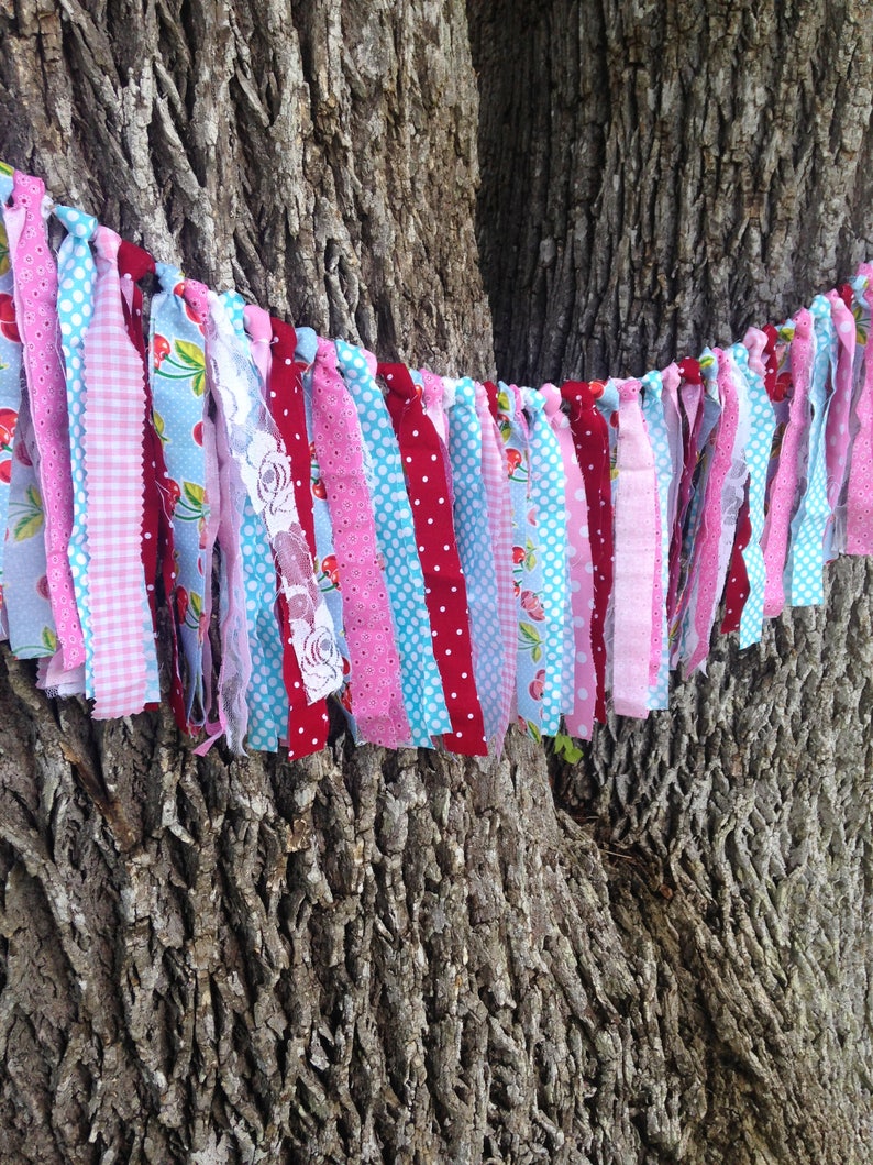 Fabric Garland Sweet as Pie Cherry Garland aqua Banner Red First Birthday pink Banner Cherry Pie Hi Chair Photo Backdrop