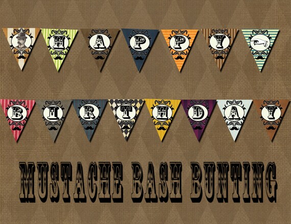 MUSTACHE BASH Banner Bunting Instant Digital Download, Bright Il_570xn