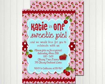 Cherry Invitation, One Sweetie Pie, Cherry Pie. Cherry Birthday, Cherry on Top, SWEET AS PIE, Fruit Stand, Farmer's Market, Country Picnic