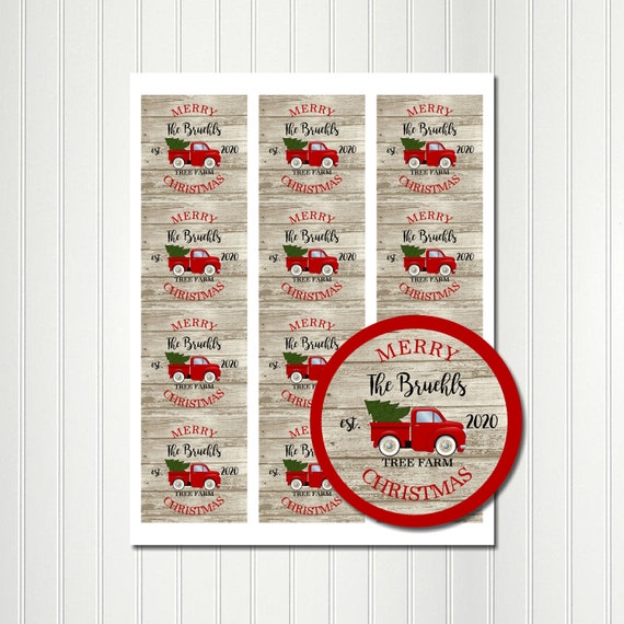 Tree Farm Red Truck, Christmas Tags, Gift Tags, Personalized Tags, Stickers, Favor Tag, Ornaments, Round Images, 2.5 Inch Il_570xn