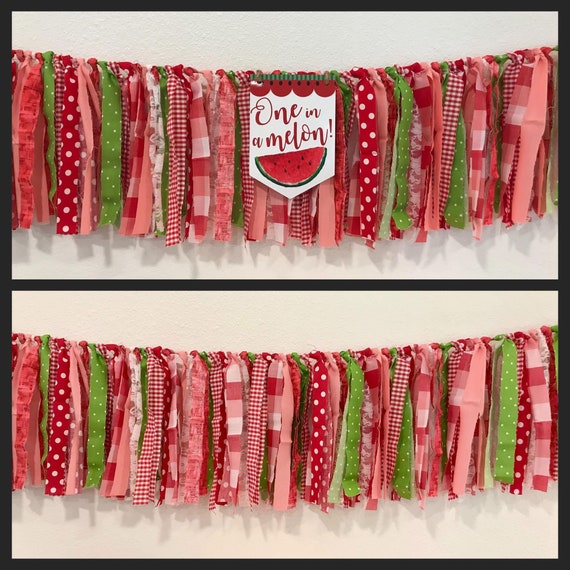Watermelon. One In a Melon, Bright Red, Peach, Pink Melon,Green, Garland,Banner, Hi Chair, First Birthday, Photo Backdrop, Fabric Garland Il_570xn