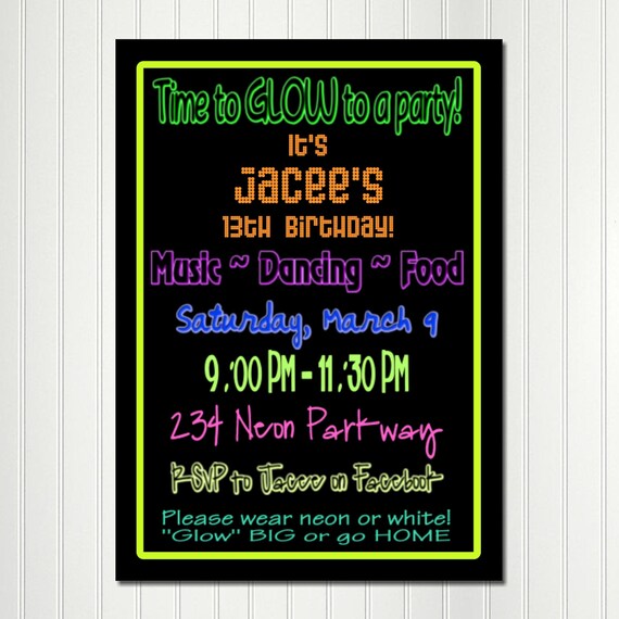 Glow in the Dark Party, Glo Party Invitation, Neon, Teen, Teenager, Birthday, Invitation, Glow Party Il_570xn