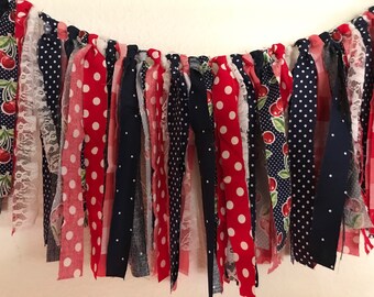 Cherry Garland, Red White and Blue, Cherry Pie, Banner, Hi Chair, First Birthday, Photo Backdrop, Banner, Fabric Garland July 4th, Americana