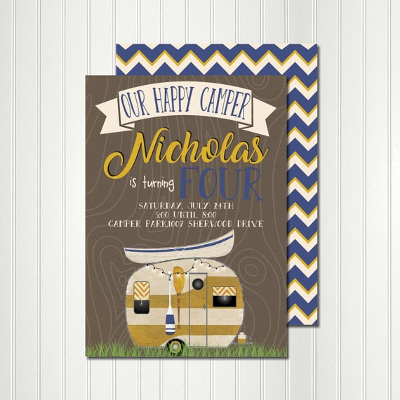 Camper Invitation, Happy Camper Invitation, Camping Party, Birthday, Engagement, Shower,Graduation, Campout, Retro Camper, Il_570xn
