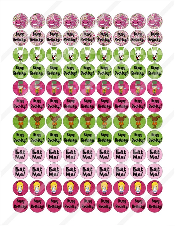 Mad Hatter Tea Party Alice's Wonderland Chocolate Kiss Pink Circles Sticker Sheets Print or Instant Download Il_570xn