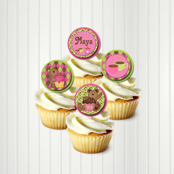 Teddy Bear Tea Party Cupcake Toppers, Teddy Bear Stickers, Tea Party, Teddy Bear, Stickers, Cupcake Toppers, Round Images, 1 2/3" Il_570xn