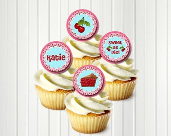 Cherry Party, Cherry Cupcake Toppers, Sweet as Pie, Cherry Pie, Two Sweet, Retro Cherry, Cupcake Toppers, 1 2/3", Circles, Sticker Sheets