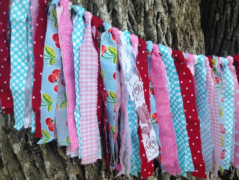 Fabric Garland Sweet as Pie Cherry Garland aqua Banner Red First Birthday pink Banner Cherry Pie Hi Chair Photo Backdrop