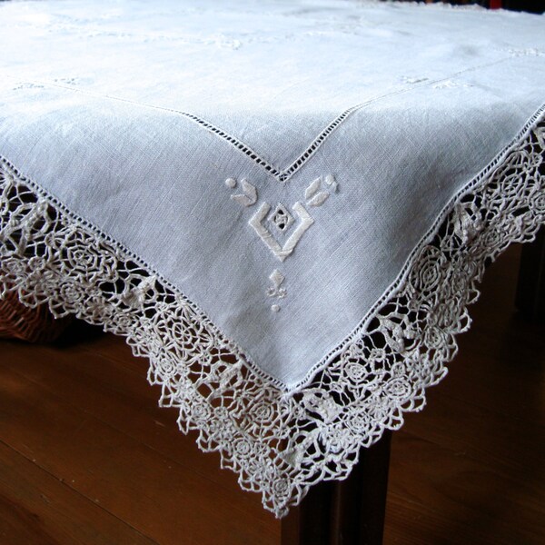 Vintage Antique Linen Hand Needle Lace Embroidered Square Tablecloth