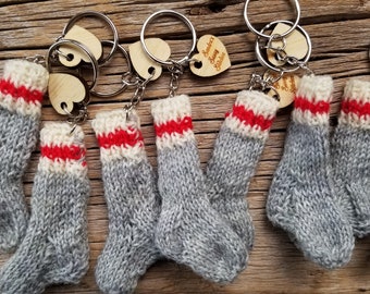 Ships in April/ Work sock key chain / hand knit mini sock keychain / sock monkey zipper pull / wool sock purse charm