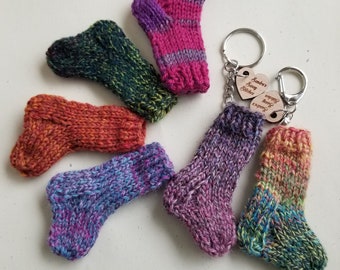 Ships in April/ Funky sock lip balm cosy / hand knit mini sock keychain / lip balm holder