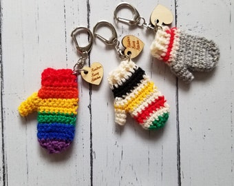 Ships in April/ Mini mitten purse charm / mitt quarter keeper / striped zipper pull / rainbow purse charm