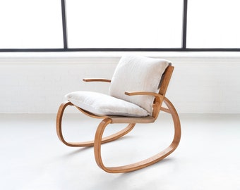 Oak Bentwood Sling Rocking Chair in Shearling by Plycraft, Circa 1970's