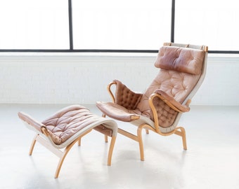 Bruno Mathsson for Dux "Pernilla" Lounge Chair & Ottoman in Original Leather, Pair Available