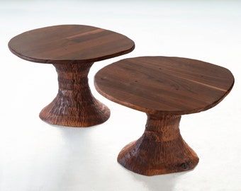 Phillip Lloyd Powell Pair of Solid Black Walnut Side Tables, Hand Carved 1960's