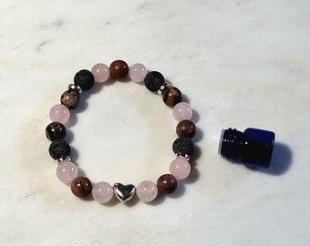 Valentine's Day Gift, Woman, Wife, Mom, Diffuser Jewelry, Bracelet, Lava, Rose Quartz, Heart, Love, Crystals