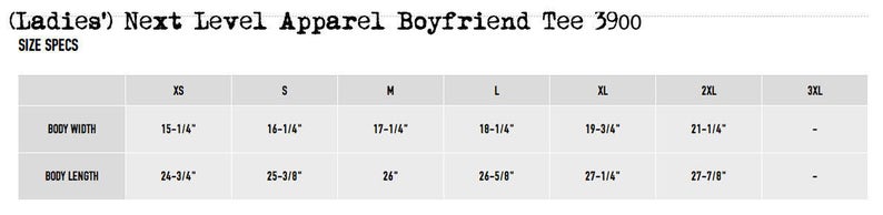 Puede incluir: Tabla de tallas para una camiseta Boyfriend, que muestra las medidas de ancho y largo del cuerpo en pulgadas para las tallas XS a 3XL.